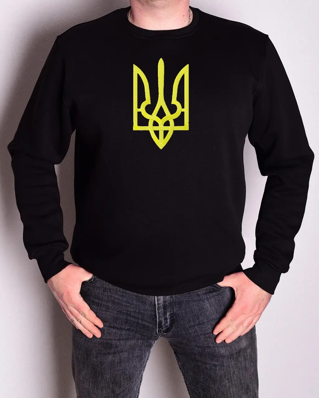 Світшот оверсайз чоловічий "Великий Тризуб" р.46-56 з вишивкою чорний, фото 1