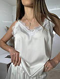 Комплект шовковий білий, халат майка шорти з ніжним мереживом, фото 7