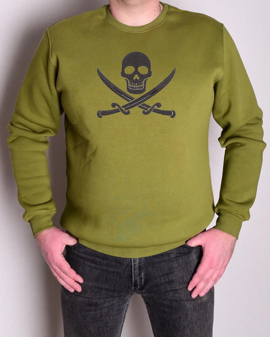 Світшот оверсайз чоловічий "Пірат" р.46-56 з вишивкою олива, фото 1