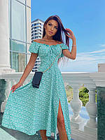 Женское кокетливое платье, 42-44, 44-46, зеленый, синий, черный и белый, софт принт.
