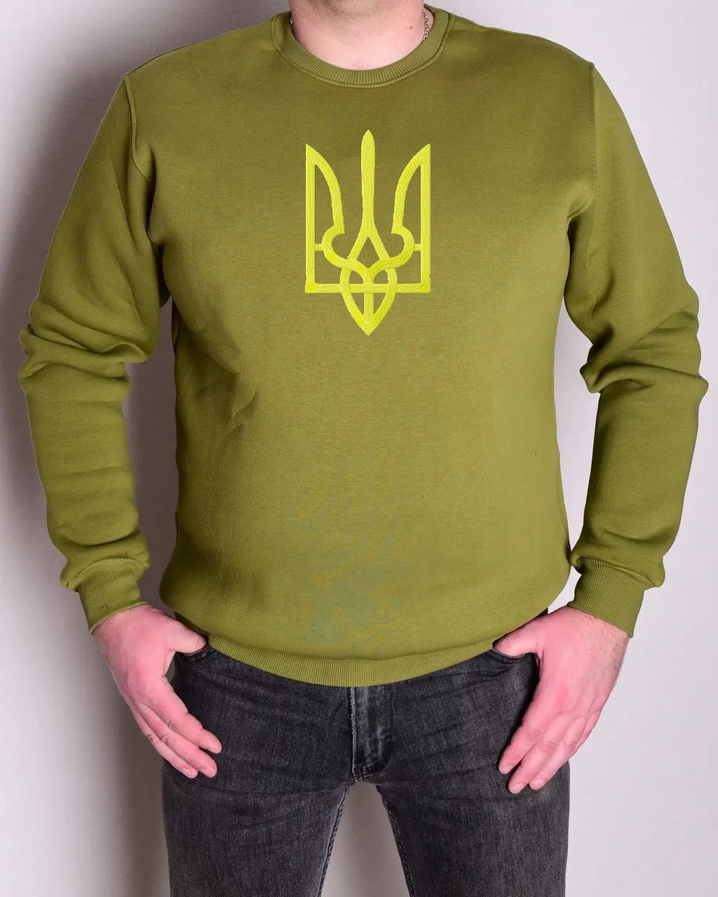 Світшот оверсайз чоловічий "Великий Тризуб" р.46-56 з вишивкою олива, фото 1