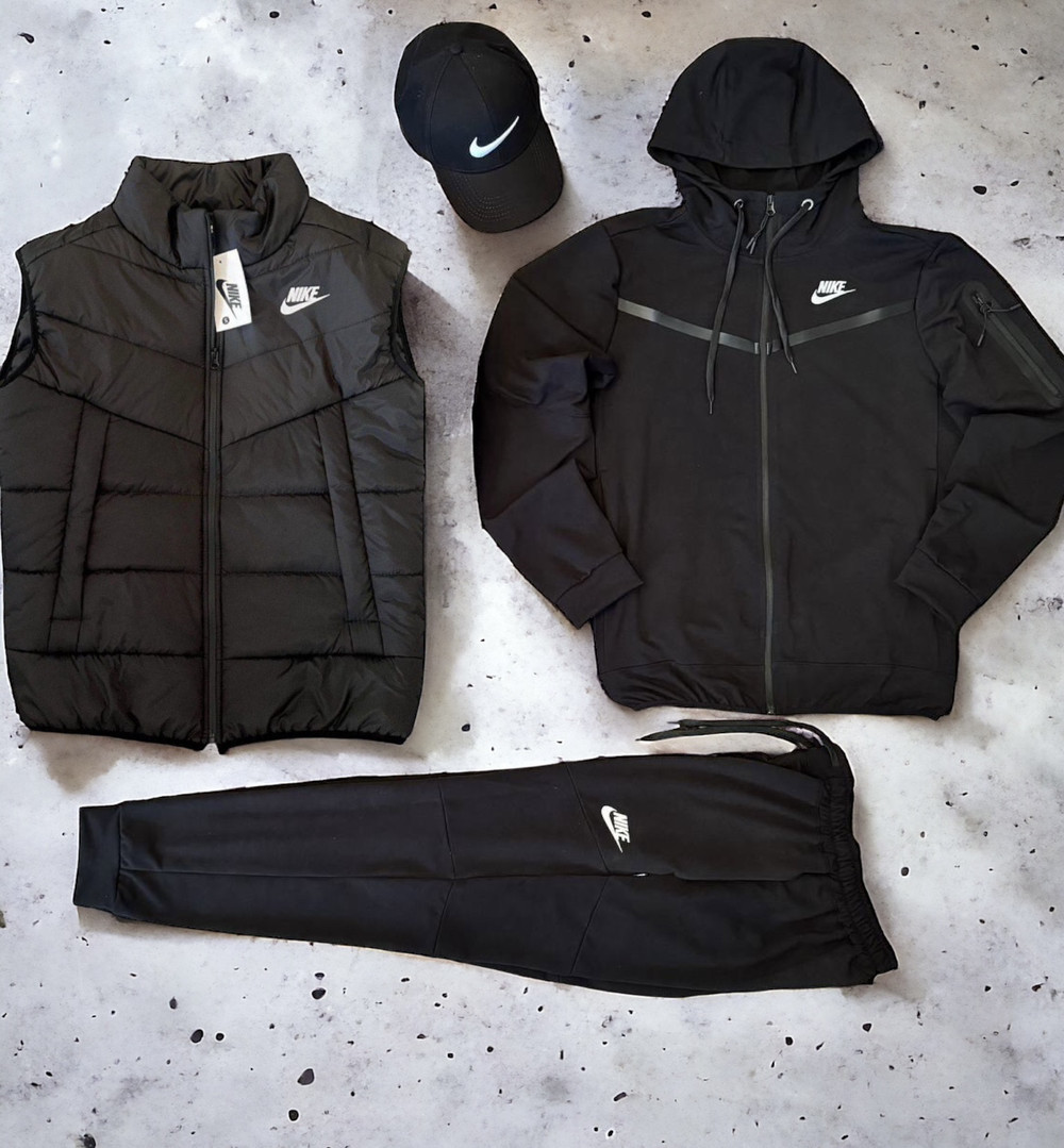 Чоловічий спортивний костюм Nike весна-осінь комплектом демісезонний чорний (кофта+штани+безрукавка) Туреччина. Живе фото