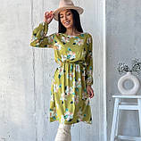 Легка літня сукня жіноча оливкова в квіточку коротка коктейльна сукня з рукавом вільна сукня на літо 42-46 48-52 розмір, фото 2