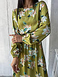 Легка літня сукня жіноча оливкова в квіточку коротка коктейльна сукня з рукавом вільна сукня на літо 42-46 48-52 розмір, фото 3