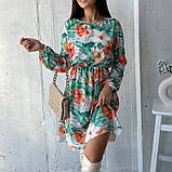 Легка літня сукня жіноча зелена в квіточку коротка коктейльна сукня з рукавом вільна сукня на літо 42-46 48-52 розмір, фото 2