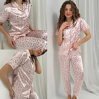 Женская пижама Шелковая Армани рубашка и штаны для девушек Домашний костюм леопардовая розовая