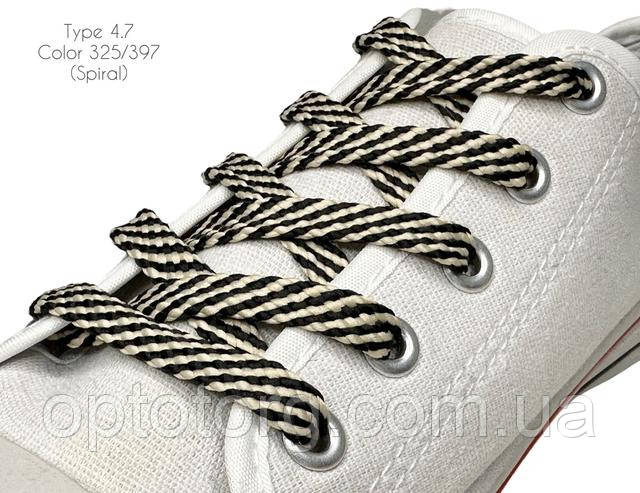 Шнурки для взуття плоскі 80см Чорний+бежевий Спіраль 8-10мм поліестер 