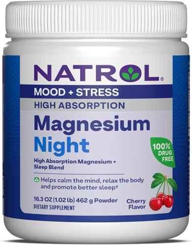 Natrol Magnesium Night Powder Cherry Магній, Калій, Гліцин, Гамк, меліса, мелатонін для сну, порошок 462 г. До 10/2025