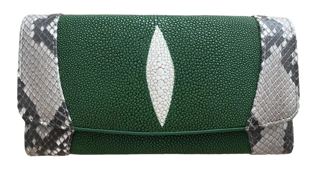 Гаманець із натуральної шкіри ската з пітоном  Ekzotic Leather зелений (stw 114_1)