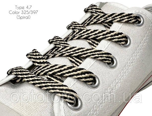 Шнурки для взуття плоскі 70см Чорний+бежевий Спіраль 8-10мм поліестер, фото 2