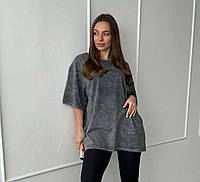 Женская стильная футболка oversize варёнка, рванка с потертостями washed effect однотонная 42-48