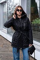 Стеганая куртка демисезон универсальная на поясе средней длины с капюшоном больших размеров черная