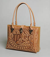 Вечірня жіноча шкіряна сумка ручної роботи "Цвіт калли", комбінація шкіри та дерева, бежева сумка саквояж