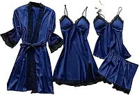 Атласный женский набор синего цвета халат, пеньюар с вкладышами, шорты на резинке и майка