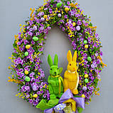 Весняний декор. Весняний та великодній вінок з квітами та зайчиками  на двері чи стіну, фото 4
