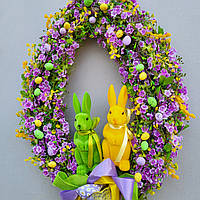 Весняний декор. Весняний та великодній вінок з квітами та зайчиками на двері чи стіну