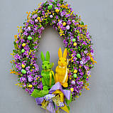 Весняний декор. Весняний та великодній вінок з квітами та зайчиками  на двері чи стіну, фото 2