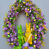 Весняний декор. Весняний та великодній вінок з квітами та зайчиками  на двері чи стіну, фото 10