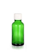 Зелёный стеклянный флакон для косметики, сывороток, лекарств, витаминов, 30 мл стандарта 18/410 С белой