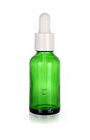 Зелёный стеклянный флакон для косметики, сывороток, лекарств, витаминов, 30 мл стандарта 18/410 С белой