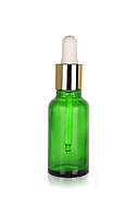Зелёный стеклянный флакон для косметики, сывороток, лекарств, витаминов, 20 мл стандарта 18/410 С золотистой