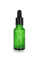 Зелёный стеклянный флакон для косметики, сывороток, лекарств, витаминов, 20 мл стандарта 18/410 С черной