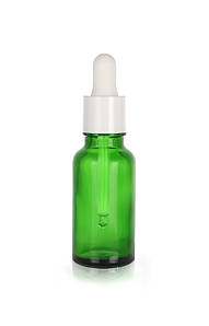 Зелений скляний флакон для косметики, сироваток, ліків, вітамінів, 20 мл стандарту 18/410 З білою піпеткою