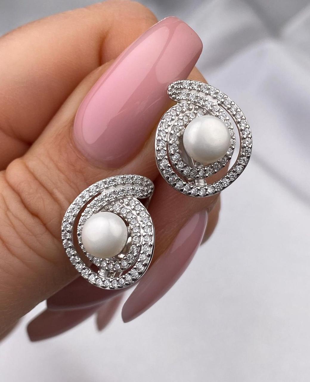 Срібні сережки з природн. перлами, родій 0565.10р, фото 1