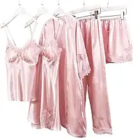 Атласный женский набор в розовом цвете пижама, брюки, халат и пеньюар