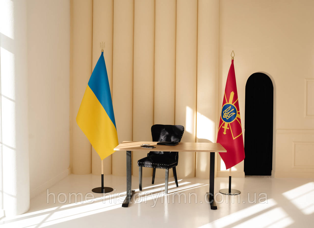 Набір для двох прапорів Україна ЗСУ, атлас прапор 90х135 см, тримач, держак 2 м, наконечник Тризуб Крапля