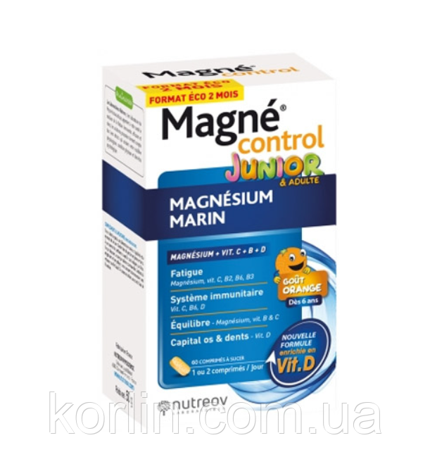 Морський Магній для дітей із вітамінами B3, B6, B1 і C Nutreov Magne Control Junior&Adulte 30 шт. Франція, фото 1