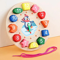 Игра-сортер Часы деревянная развивающая игрушка со шнуровкой и фигурками с цифрами, Разноцветный