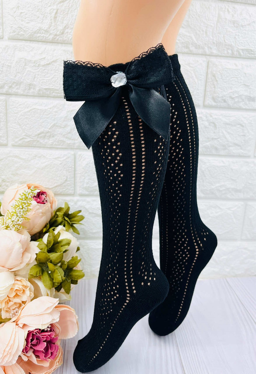 Нарядні гольфи підколінники ажурні для дівчинки з бантиком чорні турецькі