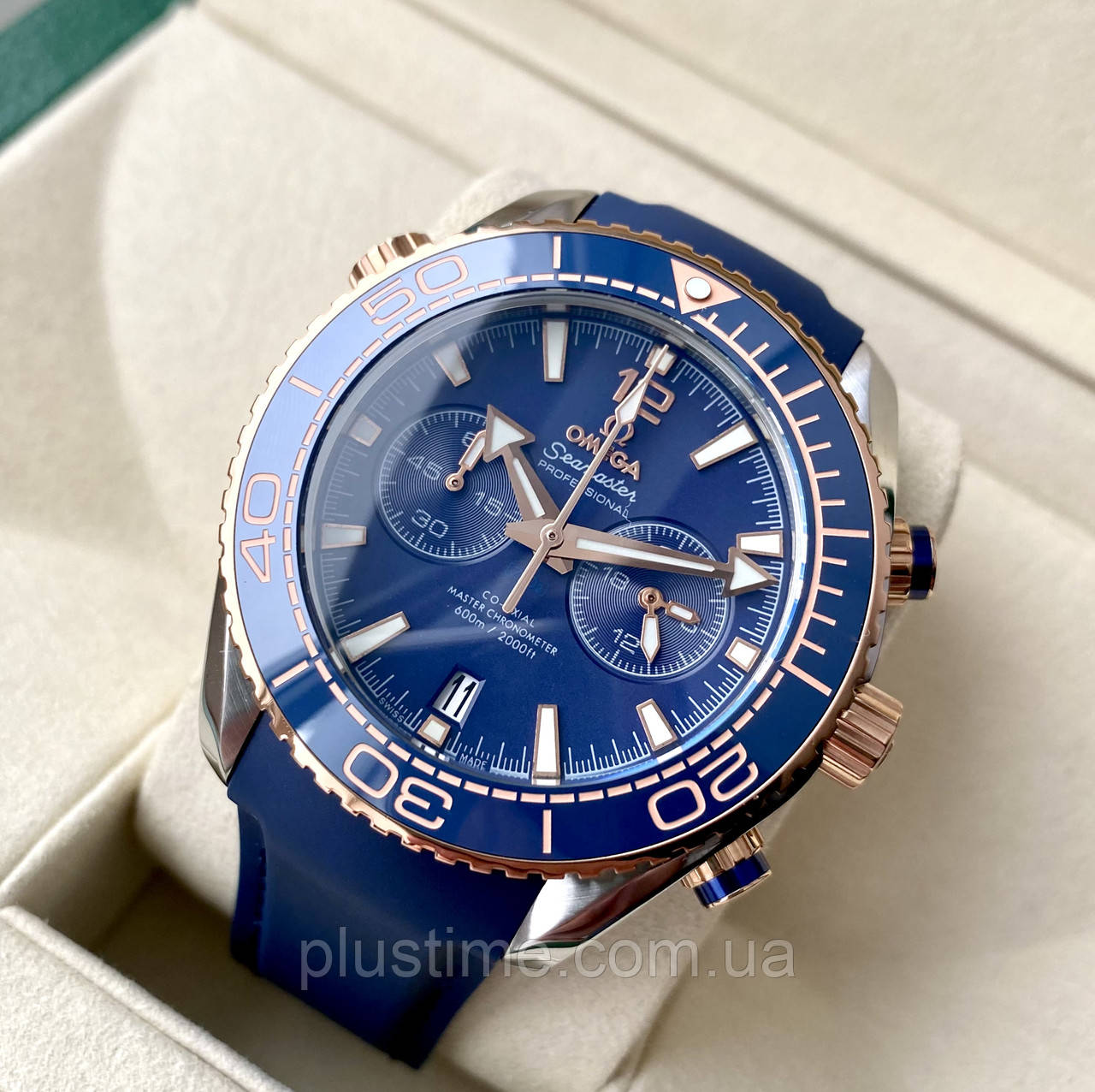 Чоловічий годинник Omega Seamaster Chronometer Blue Gold AAA наручний кварц із хронографом на каучуковому ремінці
