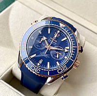 Чоловічий годинник Omega Seamaster Chronometer Blue Gold AAA наручний кварц із хронографом на каучуковому ремінці