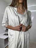 Комплект шовковий білий, халат майка шорти з ніжним мереживом, фото 3