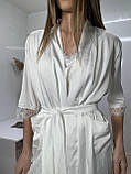 Комплект шовковий білий, халат майка шорти з ніжним мереживом, фото 2