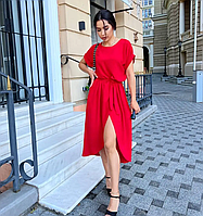 Літня сукня з коротким рукавом червона жіноча сукня з розрізом на нозі сукня з поясом сарафан літній