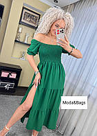 Модное женское однотонное летнее платье сарафан с разрезом оверсайз р.48 зелёный