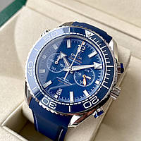 Чоловічий годинник Omega Seamaster Chronometer Silver Blue AAA наручний кварц із хронографом на каучуковому ремінці