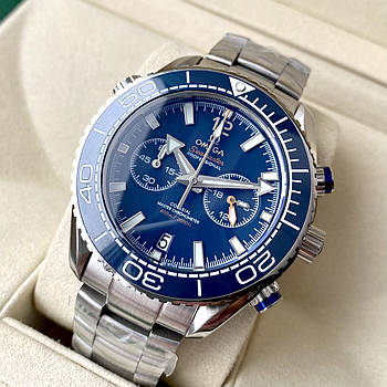 Чоловічий годинник Omega Seamaster Chronometer Silver Blue AAA наручний кварц із хронографом на сталевому браслеті