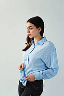 Женская рубашка/блуза голубая в белый горошек, удлиненная (100% Хлопок) (р. S-XL)