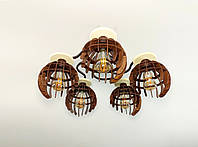 Люстра лофт потолочная на 5 лампочек с деревяным плафоном коричневая бежевая 4345-17