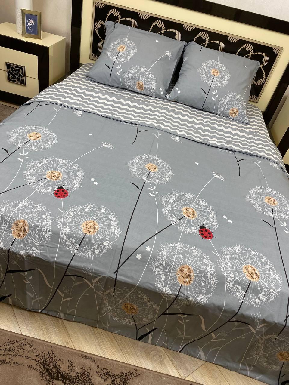 Євро комплект постільної білизни з якісної бязі голд для всієї родини з принтом кульбаби хвиля