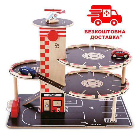 Дерев'яний автотрек Hape з паркінгом та вертолітним майданчиком (E3002), фото 1