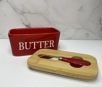 Масленка c ножом "Butter" Масленица керамическая красная, зеленая