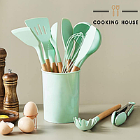 Набор кухонных принадлежностей 12 (черпак, ложка, венчик,щипцы и др.) предметов Cooking House bobi мятный