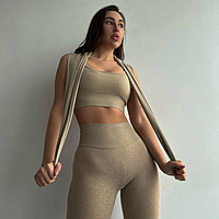 Женская одежда для йоги и фитнеса костюм Тройка утягивающий лосины с высокой посадкой топ и рашгард светлый