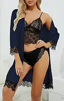 Сексуальный комплект с кружевом халат из плотного атласа + пижама и трусики
