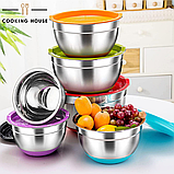 Набір металевих мисок Cooking House greenpharm з силіконовим дном і кришкою —  4 шт (30-18см), фото 2